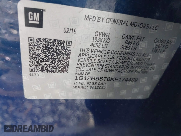 2019 Chevrolet Malibu LS z VIN 1G1ZB5ST6KF174489, wystawiony jako IAAI lot #42235172 z przebiegiem 55 835 mil mil oraz . Historia ofert i sprzedaży dostępna na DreamBid. Obrazek 9.