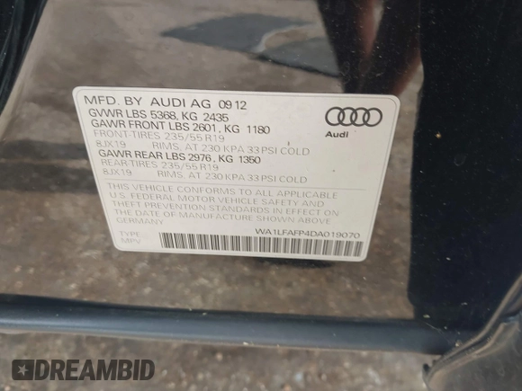 2013 Audi Q5 Premium Plus with VIN WA1LFAFP4DA019070, listed as a IAAI auction lot 42619854 with 132,913 mi miles and . Bid and sale history available at DreamBid. Image 9.