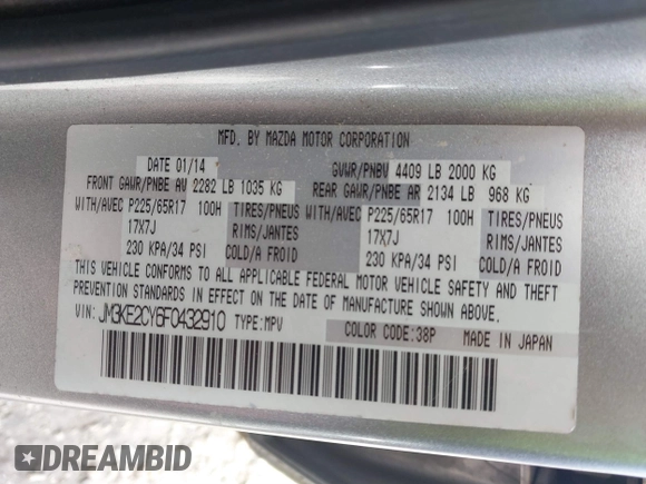 2015 Mazda CX-5 Touring with VIN JM3KE2CY6F0432910, listed as a IAAI auction lot 41784545 with 210,787 mi miles. Bid and sale history available at carsss.com. Image 9.