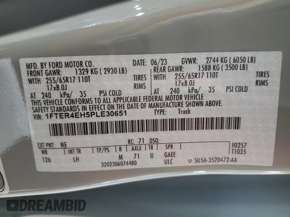 2023 Ford Ranger XL с VIN 1FTER4EH5PLE30651, выставлен на аукционе Copart как лот 60172345 с пробегом 19 319 миль миль и Списание • Salvage title. История ставок и продаж доступна на DreamBid. Изображение 12.