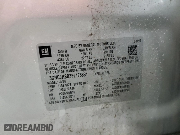 2015 Chevrolet Trax LT with VIN 3GNCJRSB3FL176881, listed as a Copart auction lot 49375095 with 59,060 mi miles and Salvage Title. Bid and sale history available at carsss.com. Image 12.