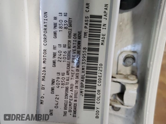 2021 Mazda 3 Select with VIN JM1BPABLXM1339558, listed as a Copart auction lot 49332525 with 48,220 mi miles and Salvage Title. Bid and sale history available at DreamBid. Image 12.
