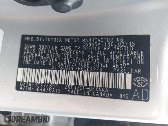 2015 Toyota Corolla L with VIN 2T1BURHE7FC362276, listed as a IAAI auction lot 41946466 with 105,957 mi miles and . Bid and sale history available at DreamBid. Image 9.