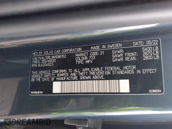 2022 Volvo XC60 Inscription with VIN YV4L12RL9N1086152, listed as a IAAI auction lot 41691323 with 35,055 mi miles and . Bid and sale history available at DreamBid. Image 9.