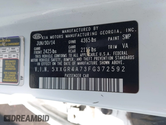 2015 Kia Optima SX with VIN 5XXGR4A73FG372592, listed as a IAAI auction lot 42575509 with 148,043 mi miles and . Bid and sale history available at DreamBid. Image 9.
