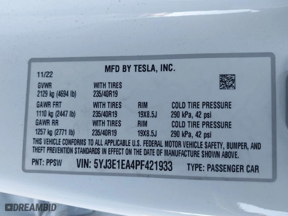 2023 Tesla Model 3 with VIN 5YJ3E1EA4PF421933, listed as a IAAI auction lot 41369120 with 21,914 mi miles. Bid and sale history available at carsss.com. Image 9.