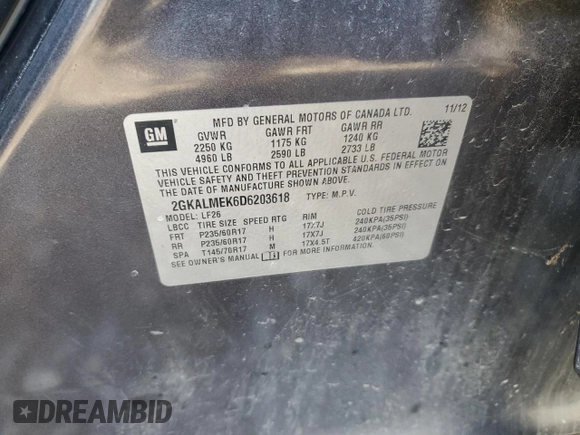 2013 GMC Terrain SLE z VIN 2GKALMEK6D6203618, wystawiony jako Copart lot #49356565 z przebiegiem 128 664 mil mil oraz Szkoda całkowita • Salvage title. Historia ofert i sprzedaży dostępna na DreamBid. Obrazek 14.