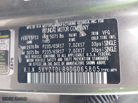 2013 Hyundai Santa Fe Sport with VIN 5XYZTDLB9DG065805, listed as a IAAI auction lot 41838398 with 103,436 mi miles. Bid and sale history available at carsss.com. Image 9.