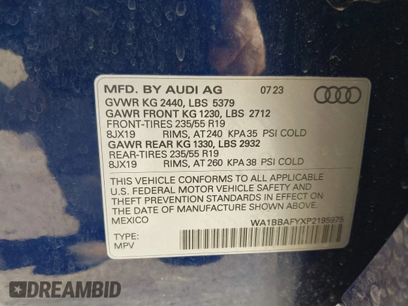 2023 Audi Q5 Premium Plus with VIN WA1BBAFYXP2195975, listed as a IAAI auction lot 41309879 with 11,124 mi miles and . Bid and sale history available at DreamBid. Image 9.