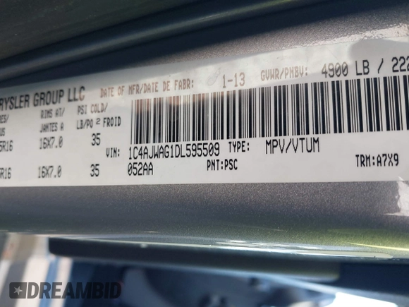 2013 Jeep Wrangler Sport with VIN 1C4AJWAG1DL595509, listed as a IAAI auction lot 41814406 with 59,263 mi miles and . Bid and sale history available at DreamBid. Image 9.