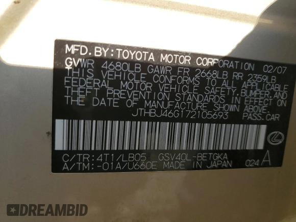 2007 Lexus ES 350 with VIN JTHBJ46G172105693, listed as a Copart auction lot 54107955 with 254,568 mi miles and Salvage Title. Bid and sale history available at carsss.com. Image 12.