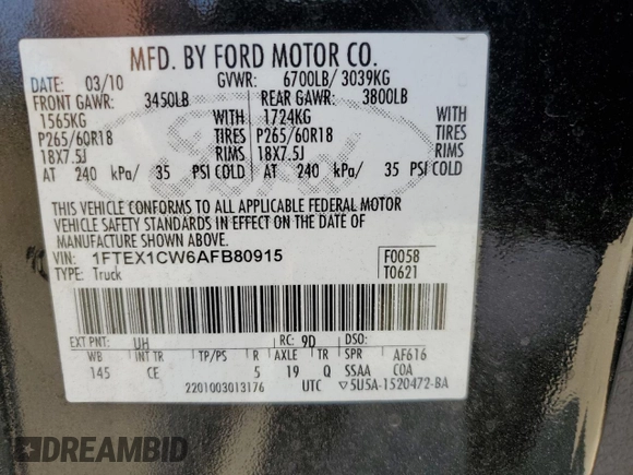 2010 Ford F-150 XL z VIN 1FTEX1CW6AFB80915, wystawiony jako Copart lot #57243395 z przebiegiem Nie podano mil oraz Nie do naprawy • Non repairable. Historia ofert i sprzedaży dostępna na DreamBid. Obrazek 12.
