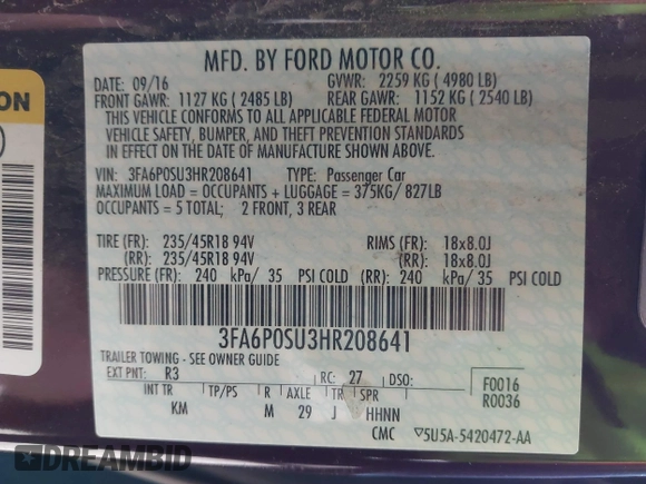 2017 Ford Fusion Titanium with VIN 3FA6P0SU3HR208641, listed as a IAAI auction lot 41732983 with 80,428 mi miles and . Bid and sale history available at DreamBid. Image 9.