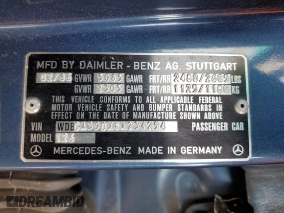 1986 Mercedes-Benz 560 with VIN WDBCA39DXGA234294, listed as a Copart auction lot 45984235 with 90,933 mi miles and Clean Title. Bid and sale history available at DreamBid. Image 12.