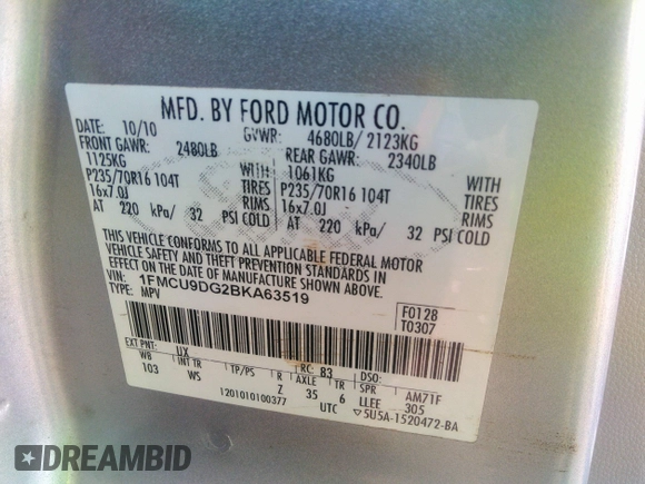 2011 Ford Escape XLT with VIN 1FMCU9DG2BKA63519, listed as a IAAI auction lot 36458159 with 168,475 mi miles. Bid and sale history available at carsss.com. Image 9.