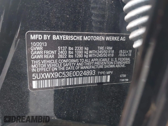 2014 BMW X3 xDrive28i with VIN 5UXWX9C53E0D24893, listed as a IAAI auction lot 42232368 with 15,000 mi miles and . Bid and sale history available at DreamBid. Image 9.