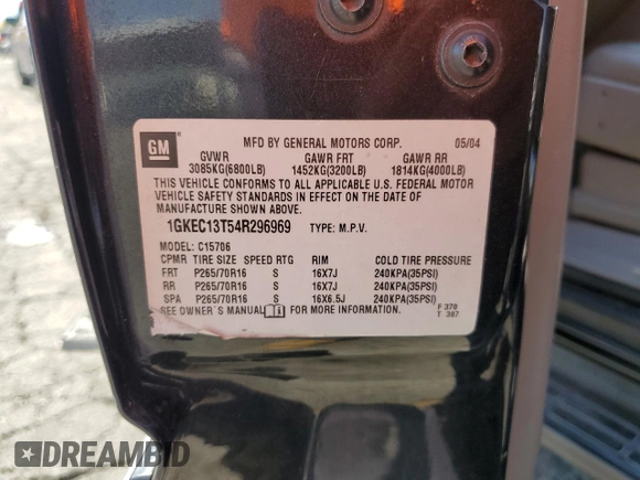 2004 GMC Yukon SLT with VIN 1GKEC13T54R296969, listed as a Copart auction lot 52738825 with 185,049 mi miles and Salvage Title. Bid and sale history available at carsss.com. Image 15.
