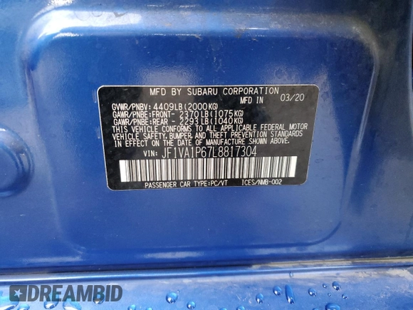 2020 Subaru WRX Limited with VIN JF1VA1P67L8817304, listed as a Copart auction lot 54629705 with 49,304 mi miles and Salvage title. Bid and sale history available at DreamBid. Image 12.