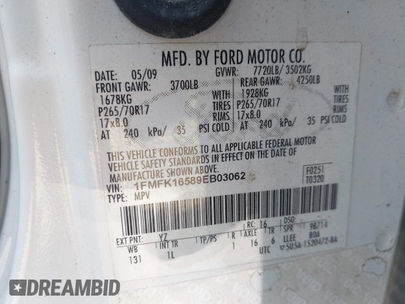 2009 Ford Expedition Max SSV with VIN 1FMFK16589EB03062, listed as a IAAI auction lot 42564667 with 286,266 mi miles and . Bid and sale history available at DreamBid. Image 9.