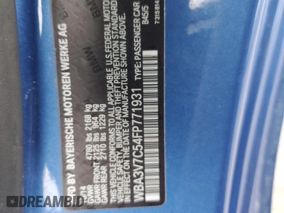 2015 BMW 4 Series 428i with VIN WBA3V7C54FP771931, listed as a Copart auction lot 53778755 with 51,411 mi miles and Salvage Title. Bid and sale history available at carsss.com. Image 13.