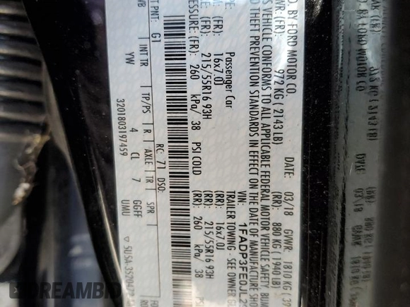 2018 Ford Focus SE z VIN 1FADP3FE0JL293485, wystawiony jako Copart lot #61202625 z przebiegiem 91 025 mil mil oraz Szkoda całkowita • Salvage title. Historia ofert i sprzedaży dostępna na DreamBid. Obrazek 12.