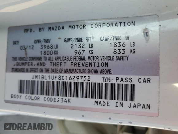 2012 Mazda 3 i Sport with VIN JM1BL1UF8C1629752, listed as a Copart auction lot 55298285 with 135,242 mi miles and Salvage Title. Bid and sale history available at DreamBid. Image 12.