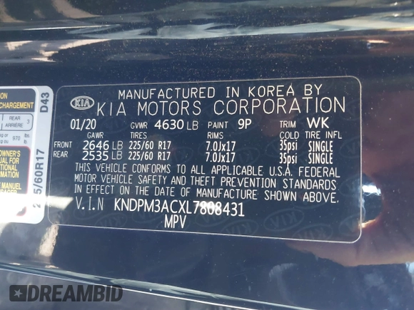 2020 Kia Sportage LX with VIN KNDPM3ACXL7808431, listed as a IAAI auction lot 41614114 with 123,400 mi miles. Bid and sale history available at carsss.com. Image 9.