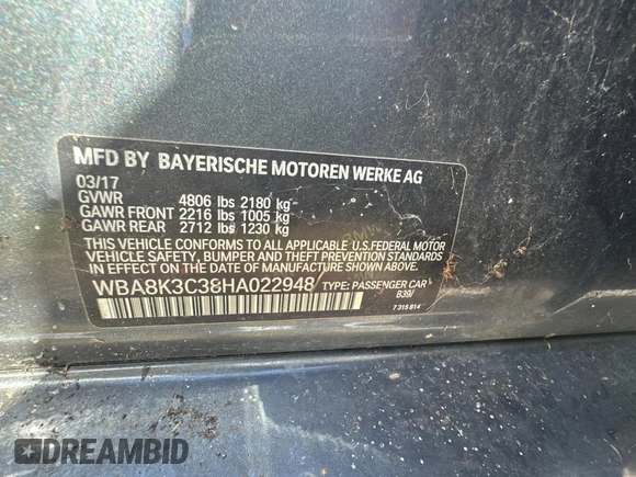 2017 BMW 3 Series 330i xDrive with VIN WBA8K3C38HA022948, listed as a Copart auction lot 80992084 with 34,232 mi miles and Clean Title. Bid and sale history available at carsss.com. Image 10.