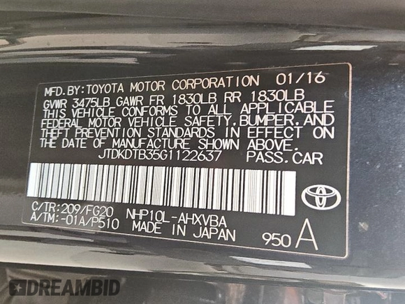 2016 Toyota Prius One with VIN JTDKDTB35G1122637, listed as a Copart auction lot 53493715 with 71,931 mi miles and Clean Title. Bid and sale history available at DreamBid. Image 12.