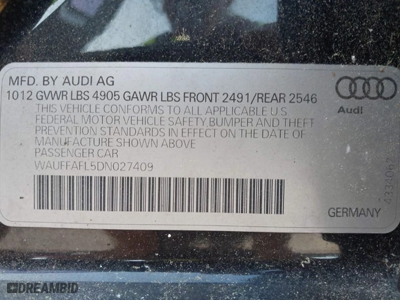 2013 Audi A4 Premium Plus with VIN WAUFFAFL5DN027409, listed as a IAAI auction lot 41945289 with 158,545 mi miles. Bid and sale history available at carsss.com. Image 9.
