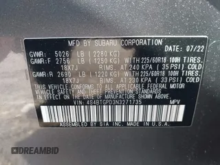 2022 Subaru Outback Touring XT with VIN 4S4BTGPD3N3271735, listed as a IAAI auction lot 41422630 with 22,875 mi miles and . Bid and sale history available at DreamBid. Image 9.