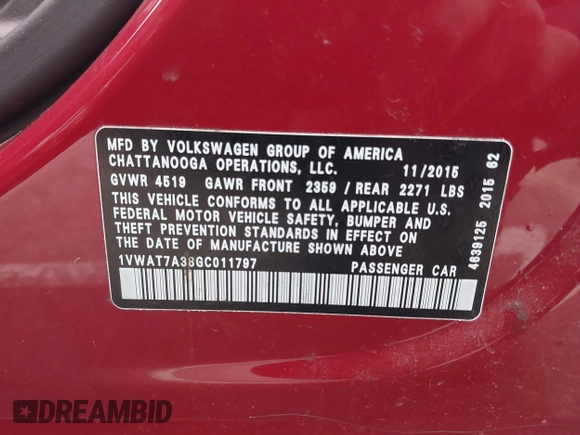 2016 Volkswagen Passat S с VIN 1VWAT7A38GC011797, выставлен на аукционе IAAI как лот 41227670 с пробегом 128 238 миль миль и . История ставок и продаж доступна на DreamBid. Изображение 9.