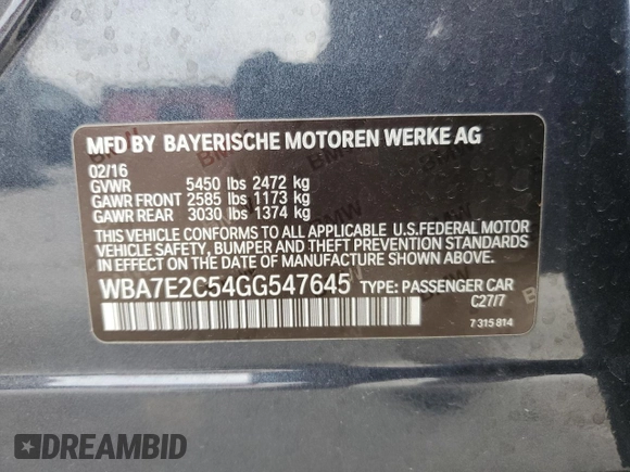 2016 BMW 7 Series 740i с VIN WBA7E2C54GG547645, выставлен на аукционе Copart как лот 45471845 с пробегом 132 763 миль миль и Чистый • Clean title. История ставок и продаж доступна на DreamBid. Изображение 12.