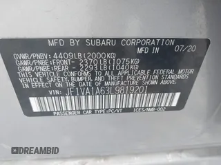 2020 Subaru WRX with VIN JF1VA1A63L9819201, listed as a IAAI auction lot 41958104 with 49,458 mi miles and . Bid and sale history available at DreamBid. Image 9.