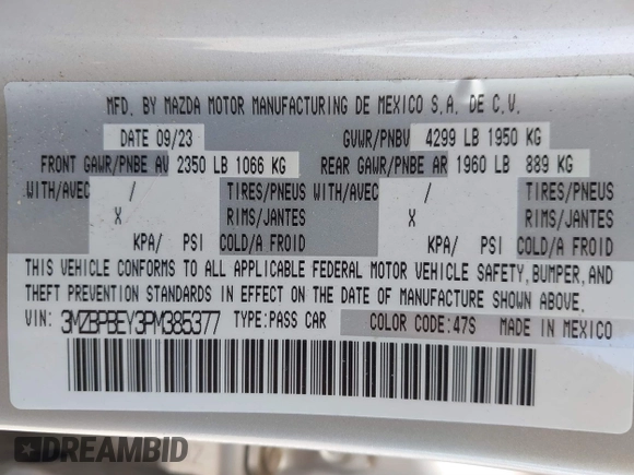 2023 Mazda 3 Premium Plus with VIN 3MZBPBEY3PM385377, listed as a IAAI auction lot 41478593 with 10,924 mi miles and . Bid and sale history available at DreamBid. Image 9.