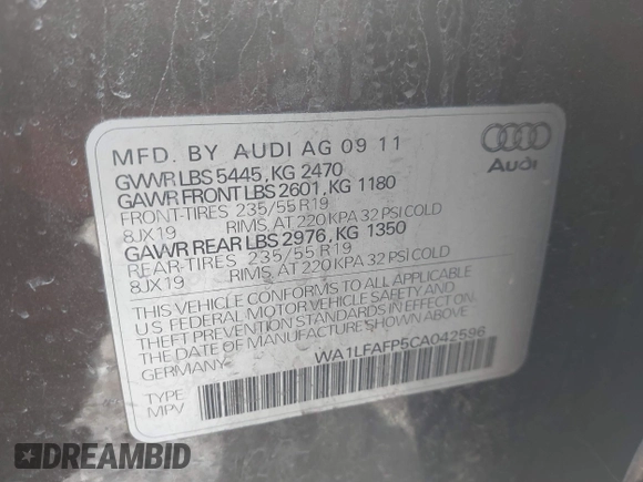 2012 Audi Q5 2.0T Premium Plus with VIN WA1LFAFP5CA042596, listed as a IAAI auction lot 41997482 with 146,053 mi miles. Bid and sale history available at carsss.com. Image 9.