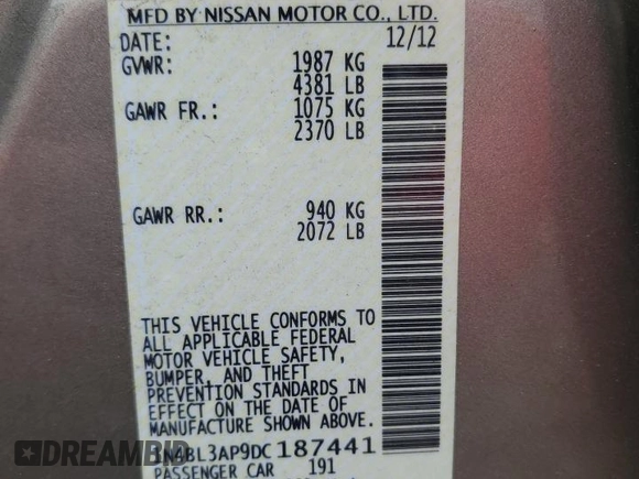 2013 Nissan Altima SV z VIN 1N4BL3AP9DC187441, wystawiony jako Copart lot #58827225 z przebiegiem 109 442 mil mil oraz Szkoda całkowita • Salvage title. Historia ofert i sprzedaży dostępna na DreamBid. Obrazek 12.