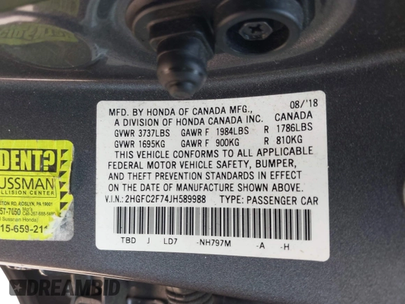 2018 Honda Civic EX с VIN 2HGFC2F74JH589988, выставлен на аукционе IAAI как лот 42443284 с пробегом 206 986 миль миль и . История ставок и продаж доступна на DreamBid. Изображение 9.