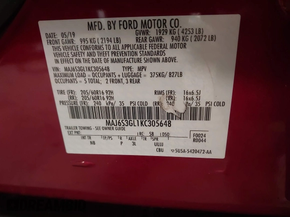 2019 Ford EcoSport SE with VIN MAJ6S3GL1KC305648, listed as a IAAI auction lot 41333376 with 80,646 mi miles and . Bid and sale history available at DreamBid. Image 9.