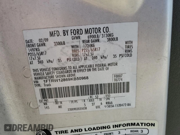 2009 Ford F-150 XL with VIN 1FTRW12869KB50968, listed as a Copart auction lot 55994985 with 243,144 mi miles and Salvage title. Bid and sale history available at DreamBid. Image 12.