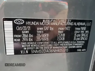 2022 Hyundai Santa Fe SEL z VIN 5NMS2DAJ6NH405370, wystawiony jako Copart lot #59398855 z przebiegiem 35 011 mil mil oraz Szkoda całkowita • Salvage title. Historia ofert i sprzedaży dostępna na DreamBid. Obrazek 13.