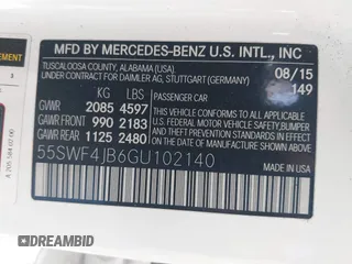 2016 Mercedes-Benz C 300 with VIN 55SWF4JB6GU102140, listed as a IAAI auction lot 41677363 with 126,379 mi miles and . Bid and sale history available at carsss.com. Image 9.