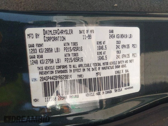 2000 Dodge Caravan SE with VIN 2B4GP44G9YR629814, listed as a IAAI auction lot 37525321 with Not provided miles and . Bid and sale history available at DreamBid. Image 9.