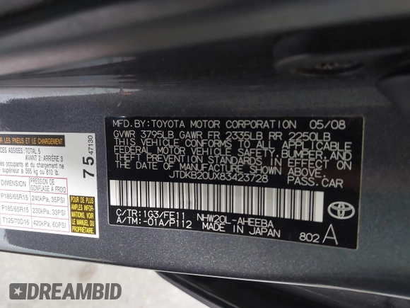 2008 Toyota Prius with VIN JTDKB20UX83423728, listed as a IAAI auction lot 42117000 with 169,198 mi miles and . Bid and sale history available at DreamBid. Image 9.