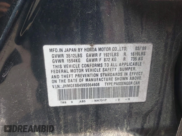 2009 Honda Fit Sport с VIN JHMGE88499S064608, выставлен на аукционе IAAI как лот 42488742 с пробегом 246 527 миль миль и . История ставок и продаж доступна на DreamBid. Изображение 9.