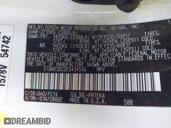 2014 Toyota Sienna LE AAS with VIN 5TDKK3DC2ES434546, listed as a IAAI auction lot 42227745 with 175,445 mi miles and . Bid and sale history available at DreamBid. Image 9.