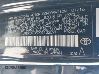2016 Toyota Prius One with VIN JTDKDTB39G1122091, listed as a IAAI auction lot 41976436 with 82,118 mi miles and . Bid and sale history available at DreamBid. Image 9.