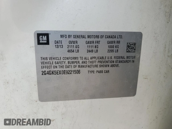 2014 Buick Regal with VIN 2G4GK5EX0E9221506, listed as a Copart auction lot 61941555 with 105,259 mi miles and Non repairable. Bid and sale history available at DreamBid. Image 12.