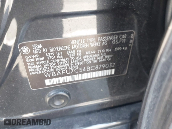 2011 BMW 5 Series 535i xDrive with VIN WBAFU7C54BC879032, listed as a IAAI auction lot 42081336 with 118,023 mi miles and . Bid and sale history available at DreamBid. Image 9.
