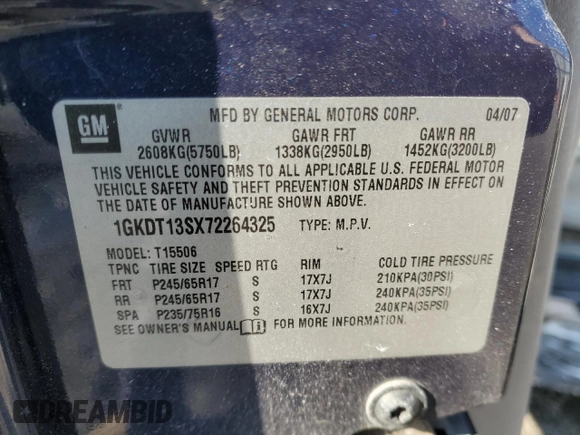 2007 GMC Envoy SLT with VIN 1GKDT13SX72264325, listed as a Copart auction lot 43347575 with 267,236 mi miles and Salvage Title. Bid and sale history available at carsss.com. Image 13.